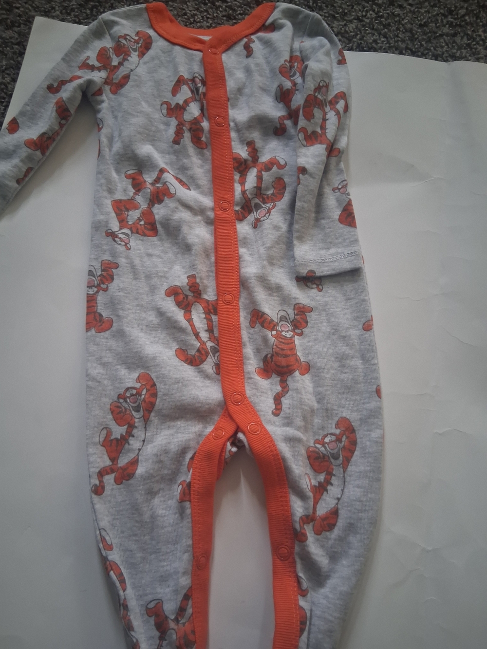Disney Gray Footed One-Piece with Orange Trim and Tigger Print